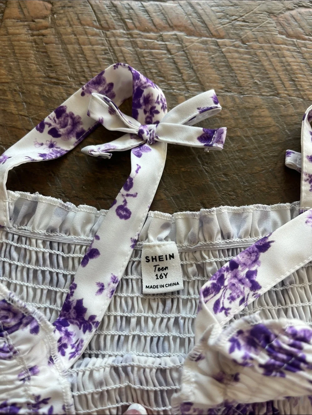 SHEIN White Dress with Purple Floral Print and Smocked Bodice
